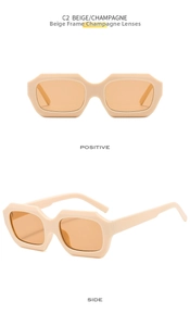 Detail of beige geometric sunglasses with champagne lenses shown from front and side angles