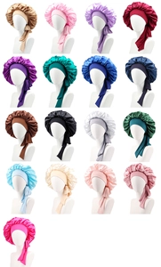 Matrix display showing seventeen colorful satin sleep caps on white mannequin heads