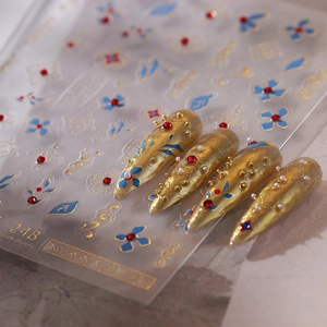 3D embossed floral nail stickers in gold and blue with ornate jewel patterns, model 248