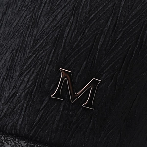 Fashionable black wrinkled texture baseball cap with shiny silver metal M logo