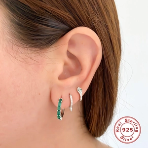 S925 sterling silver snake hoop earrings set with green cubic zirconia and micro-pave diamonds