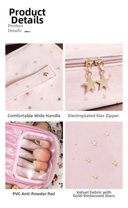 Detail view of pink velvet bag with star foil print, gold zipper, and brush holder