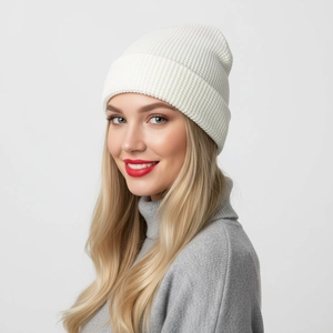 Close-up of white chunky knit beanie texture on a model during a winter photoshoot