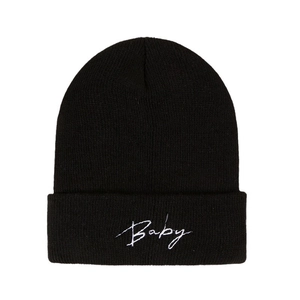 Classic black knitted beanie with white Baby embroidery and ribbed texture for winter fashion
