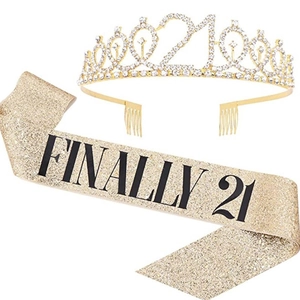 Detail view of rhinestone number 21 crown and glittery Finally 21 sash set