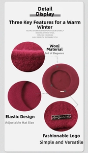 Detail of wool beret in wine red featuring adjustable strap and metal logo plaque