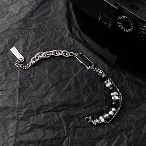 Cat eye and obsidian beaded titanium steel chain bracelet with rectangular gemstone charm