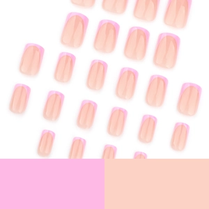 Faux ongles carrés courts French manucure dégradé rose et violet avec finition brillante