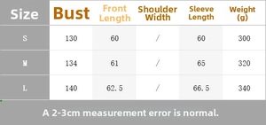 Detailed size chart for women's bomber jacket with chest and length measurements