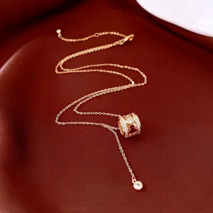 Gold Plated Copper Zircon Red Heart Cylinder Pendant Necklace Women Retro Style Fine Jewelry Elegant Party Daily Neck Accessory