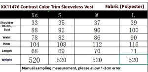 Size guide table for women's color block vest showing shoulder and bust measurements