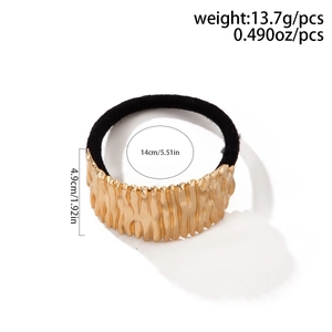 Detail showing dimensions of the gold alloy hair tie with a 14cm elastic band and 4.9cm height