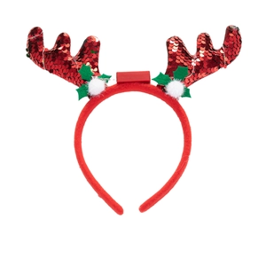Detail of LED Christmas reindeer antlers headband with red sequins and battery box