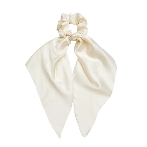 Elegant cream satin hair scrunchie with long ribbon bow for women's ponytail styles
