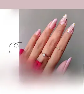 Pink French almond press-on nails featuring white daisy floral prints and glossy finish