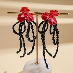 Vintage red flower stud earrings with black beaded tassels and sparkling rhinestones