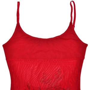 Close-up of red sequined patterns on semi-transparent mesh fabric of backless sexy dress