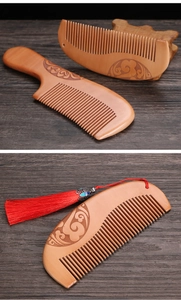 Macro detail of natural peach wood combs featuring traditional carved cloud patterns