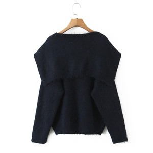 Detail of navy blue long-hair knit sweater featuring plush mink texture and large collar