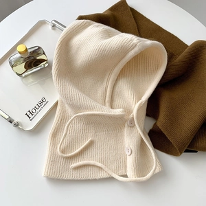Winter Knitted Balaclava Hat Hooded Scarf With Buttons And Drawstring Adjustable Warm Neck Warmer For Women Men