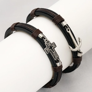 Retro Leather Bracelet With Stainless Steel Cross And Anchor Pendant Braided Wristband For Men Women Fashion Jewelry