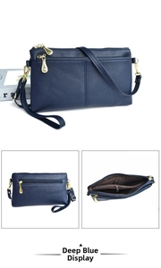 Detail of navy blue pebble leather crossbody bag with multiple gold zipper pockets