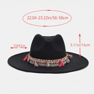British style black wide brim fedora with ethnic tassels and shell decorations