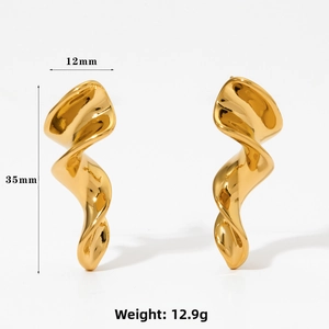 Detailed view of gold twisted geometric earrings with 35mm height and 12mm width measurements