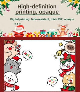 Detail of thick PVC Christmas window sticker with cute cartoon pets and digital printing