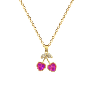 Detail of gold cherry necklace featuring pink heart stones and micro-paved diamonds