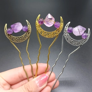 Natural Amethyst Hair Stick Crescent Moon Metal Hairpin Handmade Vintage U Shaped Hair Accessory For Women Bridal Wedding