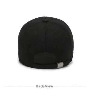 Back view of black winter baseball cap showing adjustable strap and metal buckle