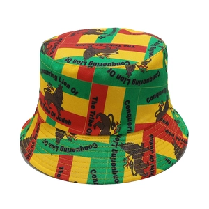 Détail de l'imprimé Lion de Juda sur un chapeau bob à rayures style Rastafari
