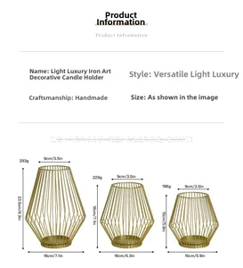Detailed size comparison of three gold geometric iron lantern candle holders