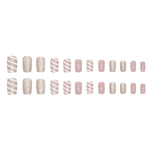 Champagne glitter and pink wavy pattern square press-on nails set with 24 pieces