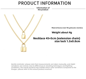 Detail showing 18k gold plated titanium steel double-layer necklace with lock pendants