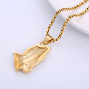 18k gold plated stainless steel praying hands pendant on a sturdy box chain