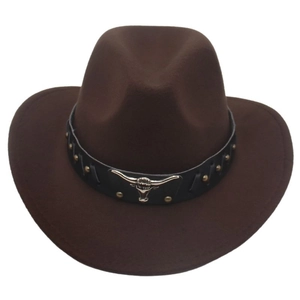 Close-up of leather band with gold studs and silver bull head detail on brown felt cowboy hat