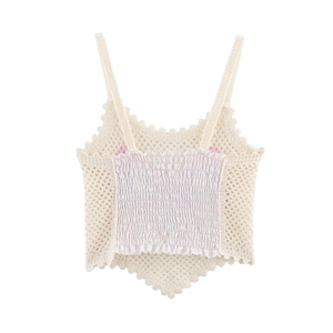 Women Crochet Cami Top Knit Butterfly Pattern Smocked Back Slim Fit Sleeveless Scalloped Hem Summer Vacation