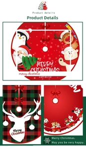 Detailed views of diverse Christmas tree skirts with cartoon, plaid, and train designs