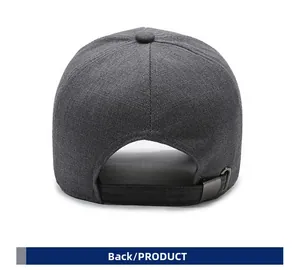 Detail view of the back of a dark grey baseball cap with an adjustable metal buckle
