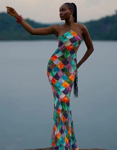 Slim fit mermaid scale print halter neck backless long dress for resort beach vacations