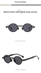 Close-up of retro double bridge round sunglasses with black frames and grey lenses