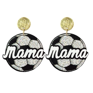 Detail of glitter football Mama earrings with gold studs and white acrylic finish