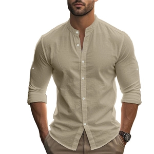 Khaki Baumwolle Leinen Langarmhemd mit Stehkragen und Knöpfen für Herren Slim Fit