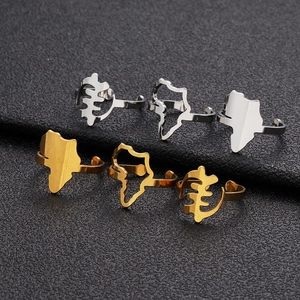Polished titanium steel Africa map and Gye Nyame symbol open rings in gold and silver