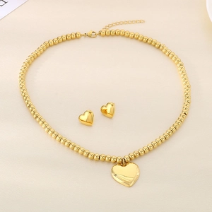 Stainless Steel Heart Pendant Ball Chain Necklace And Smooth Heart Stud Earrings Fashion Jewelry For Women