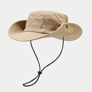 Outdoor khaki sun hat with mountain embroidery, wide brim and adjustable chin strap