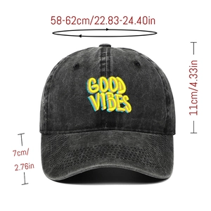 Detailed view of yellow GOOD VIBES embroidery on a dark grey washed cotton baseball cap