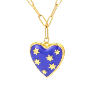 Golden heart necklace with blue enamel and star pattern on a white background